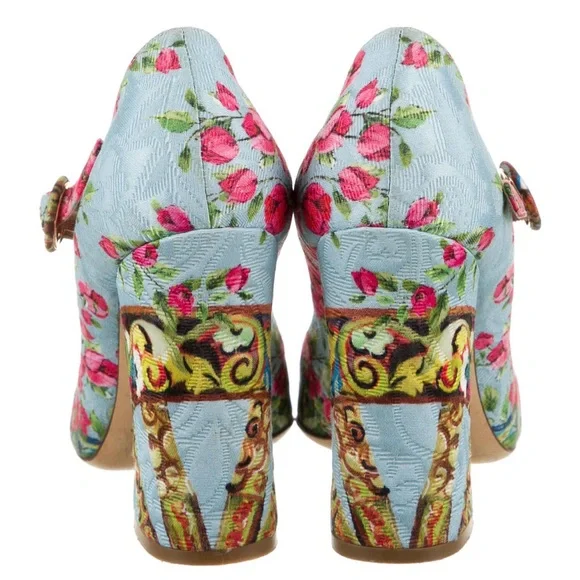 Dolce & Gabbana Floral Print T-Strap Pumps - 38.5 - RARE - Picture 4 of 5